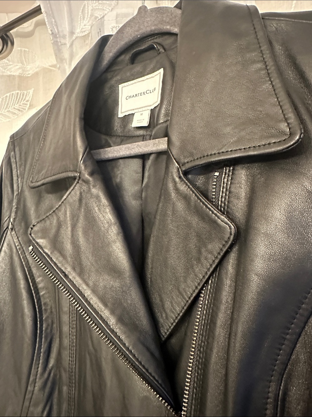 Charter Club Black Leather Moto-Style Zip Jacket - Picture 7 of 16